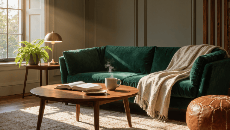 A bright living room with a deep green velvet sofa, cream throw, walnut coffee table with an open book and steaming mug, lit by afternoon window light and a brass lamp.