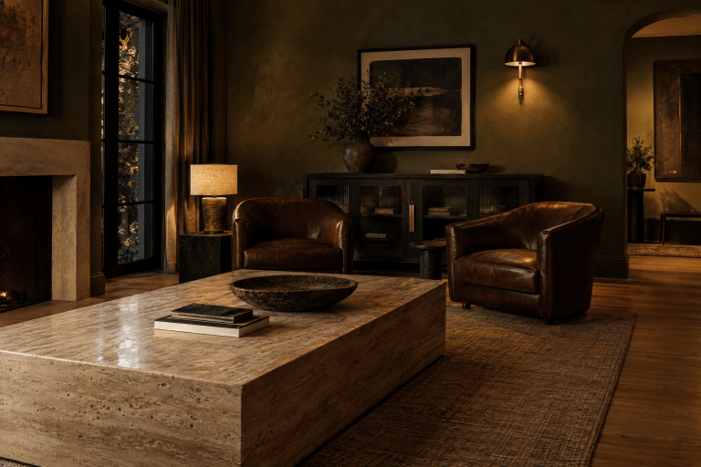 A calm olive-walled living room that has borrowed a hotel-bar atmosphere without the party debris: one large travertine table, a blackened timber cabinet with smoked glass as the dark counterweight, and two low leather chairs turned toward each other under a single bronze wall light