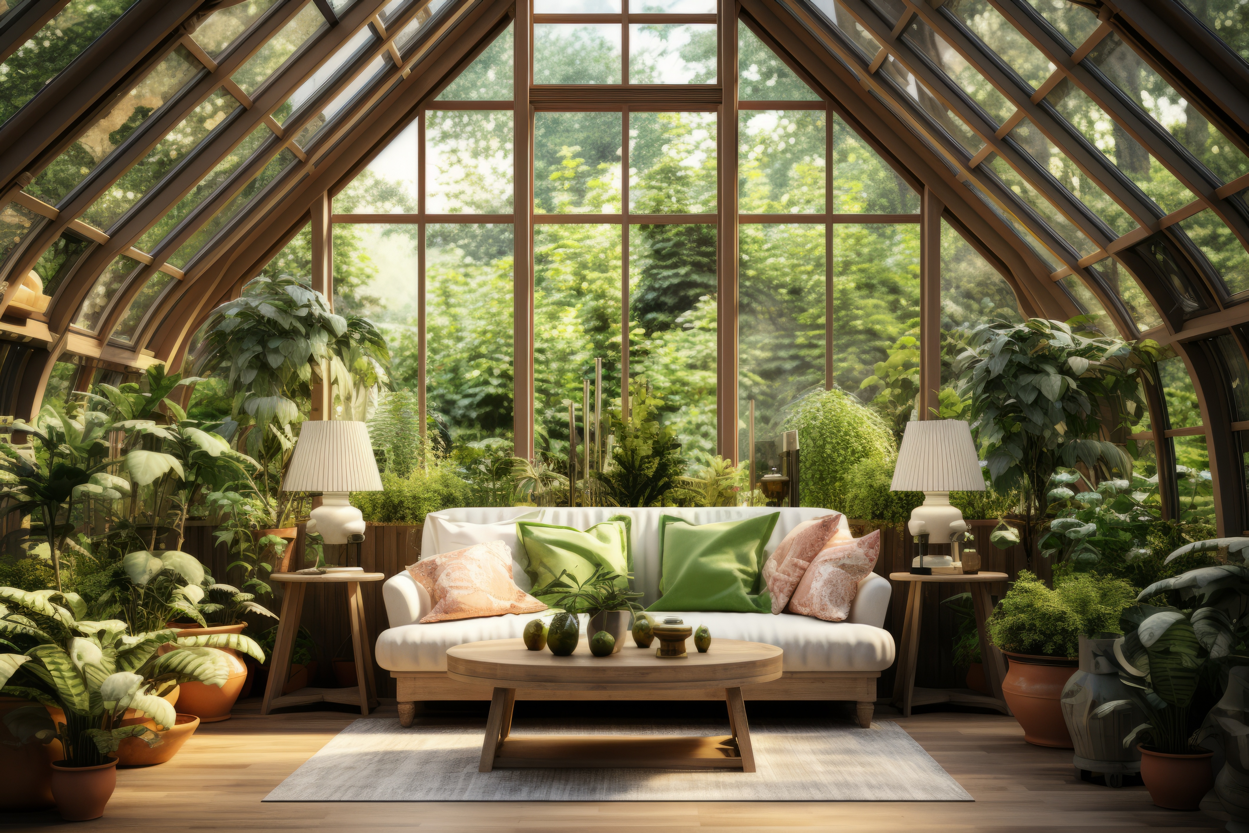 Glazed conservatory living room with a steep transparent roof, white sofa, warm wood tables, layered green cushions, and abundant tropical planting.