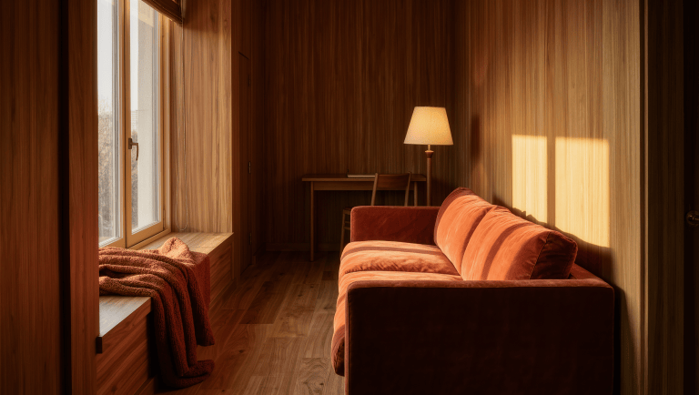 Compact living room with a rust-orange sofa and reading lamp in the prime window spot, a small desk against the far wall, and one clear route