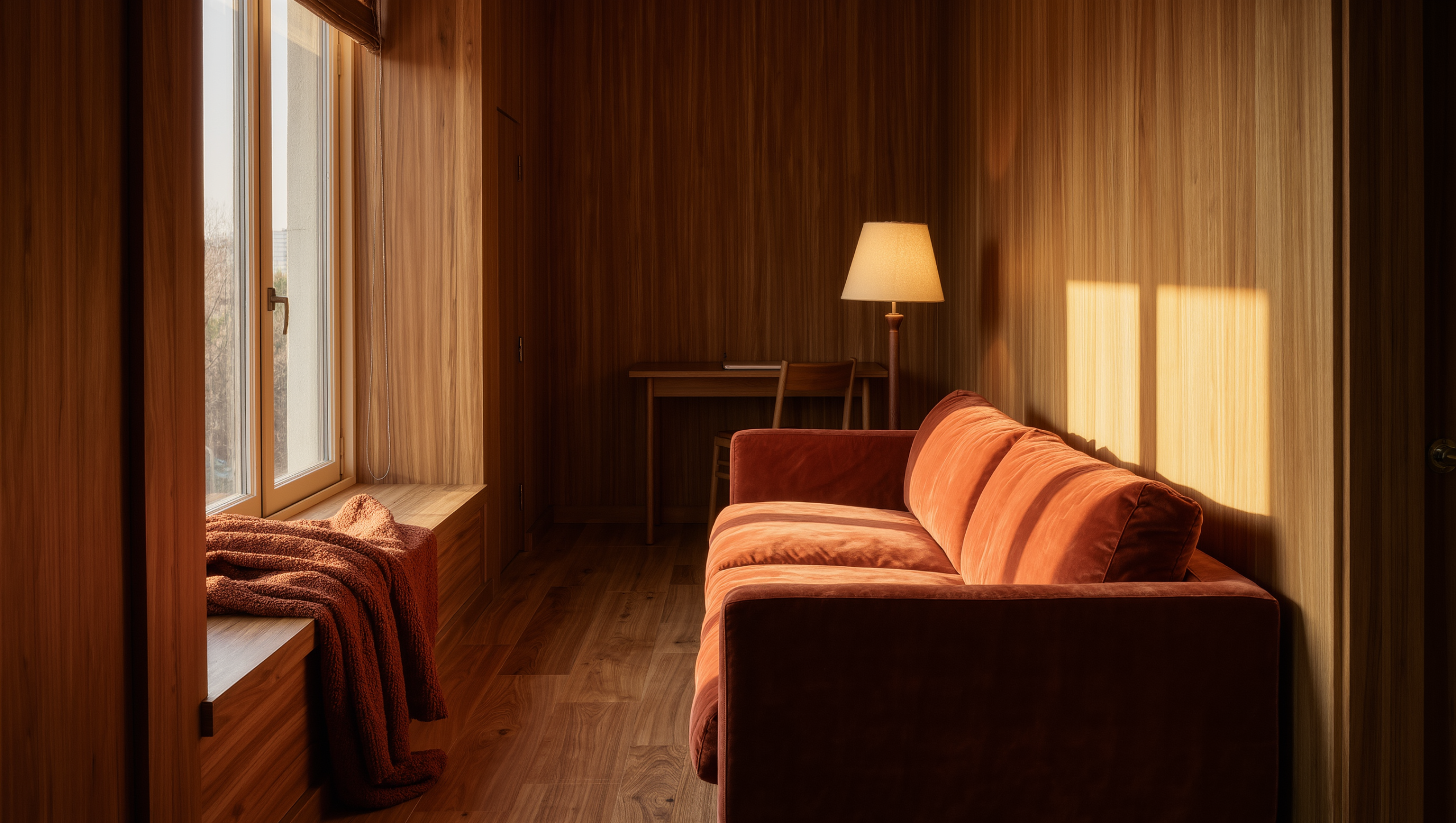Compact living room with a rust-orange sofa and reading lamp in the prime window spot, a small desk against the far wall, and one clear route