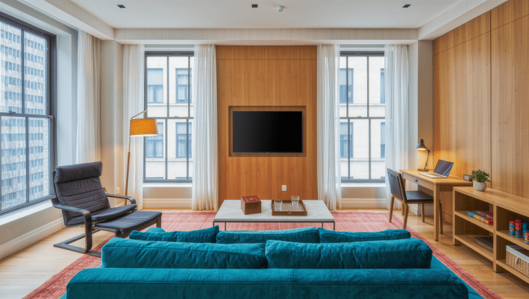 A daylit shared living room with a peacock-blue sofa facing a TV, a reading chair with floor lamp, a compact desk, and a toy basket, unified by one large rug.