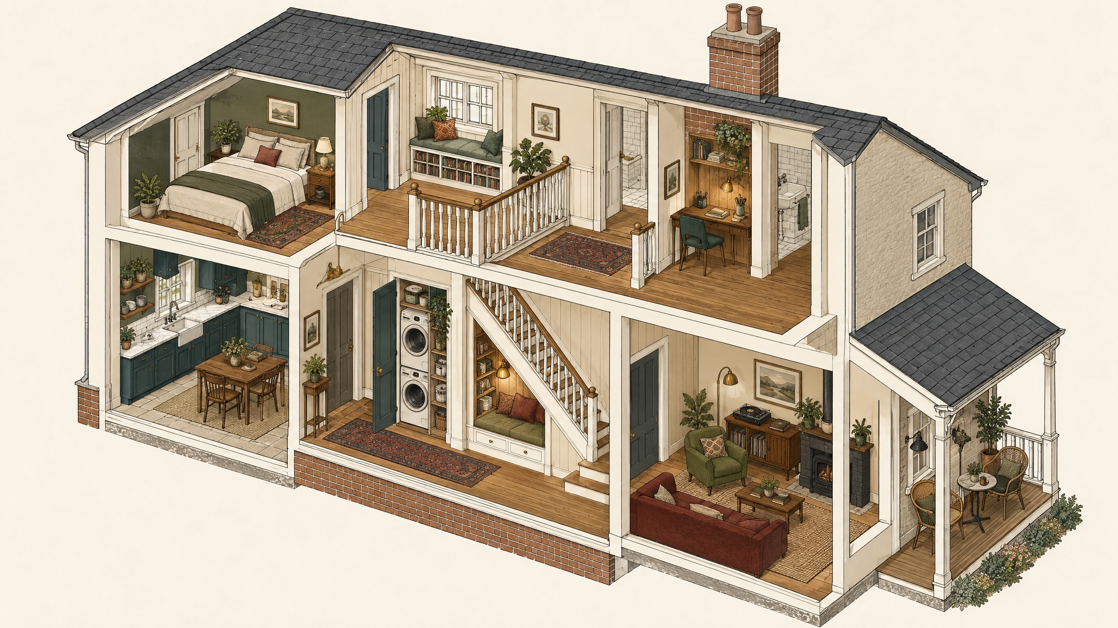 Isometric cutaway of a two-storey house where overlooked spaces have been given jobs: a reading nook under the stairs, a window seat on the landing, a desk in the alcove beside the chimney, a laundry in a hall closet, a coffee spot on the side porch and a listening corner in the living room.