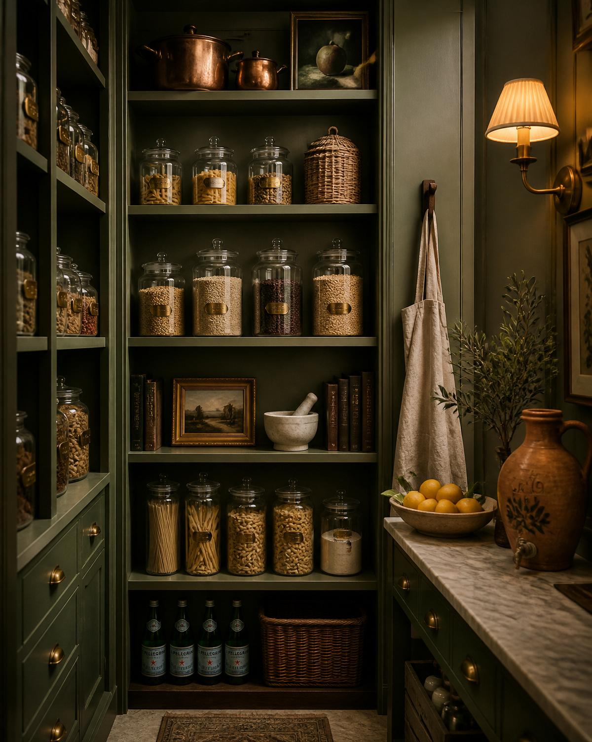 A sage green pantry with apothecary jars, brass labels, lemons, a mortar, and a warm sconce.