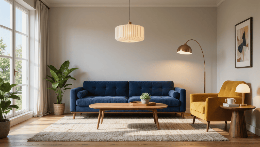 A bright living room with a navy sofa where a ceiling pendant, an arched floor lamp, and a small table lamp share the lighting duties.