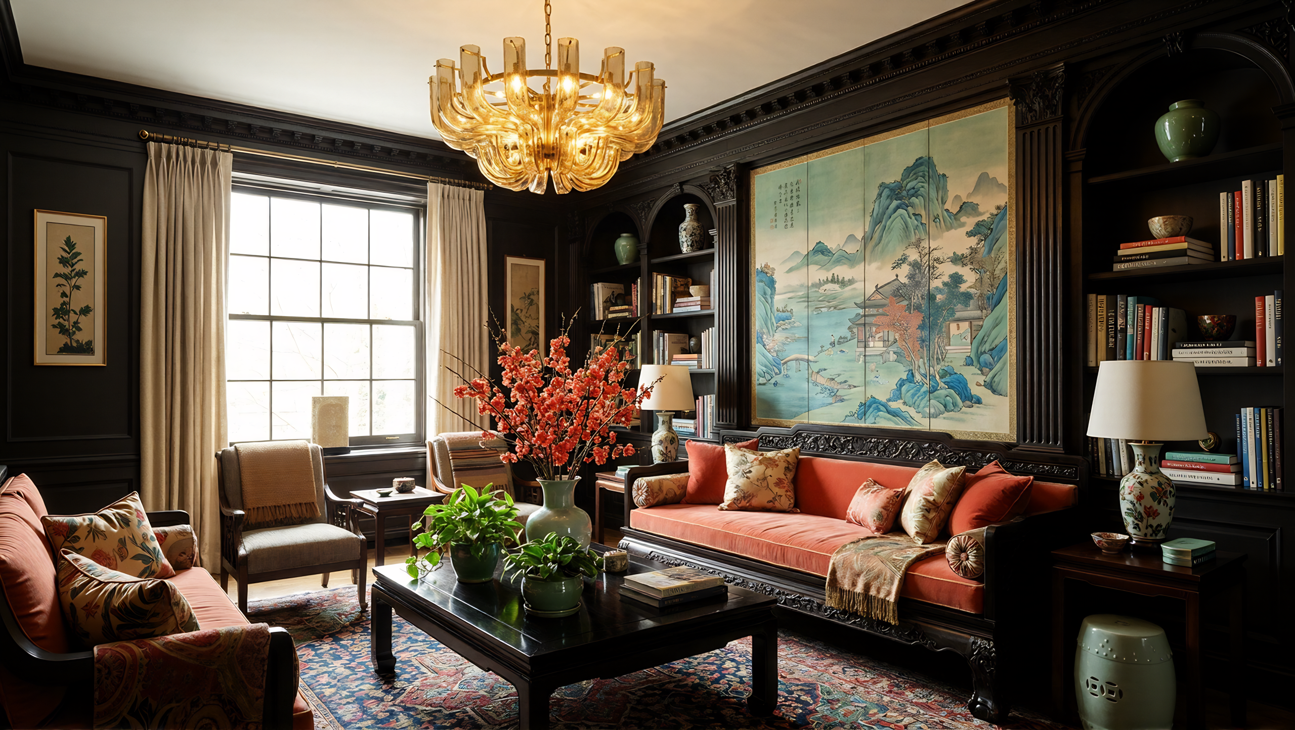 Layered traditional living room with dark carved wood, coral seating, flowering branches, plants, a large landscape artwork, and a glowing sculptural chandelier.