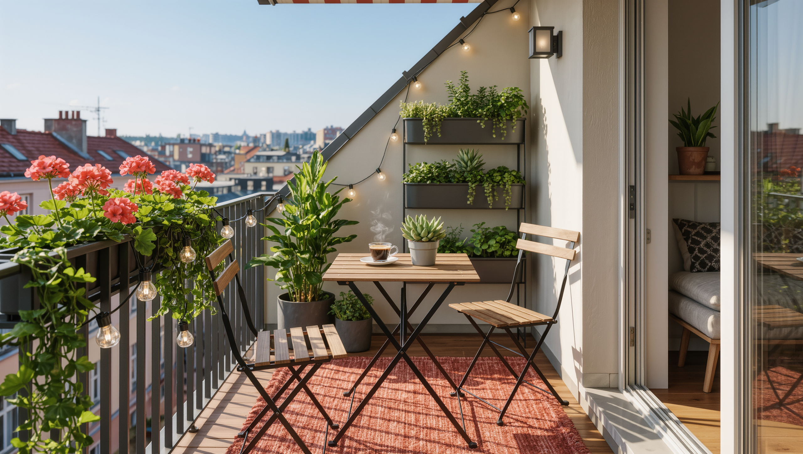 A small city balcony with a bistro table and two chairs on a terracotta rug, coral geraniums in a railing planter, and a corner herb tower.