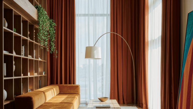 A living room with varied heights: a low ochre sofa, tall slim bookcase, hanging plant, arched floor lamp, floor-length rust curtains, and vertical art.