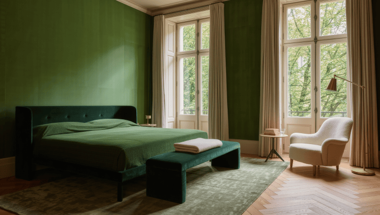 A very large bedroom where a deep green bed stays primary, with a single reading chair zone by the window and open floor between.
