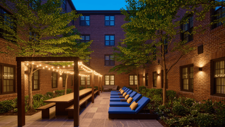 Shared residential courtyard at dusk with a communal table under string lights, lounge chairs with bold cushions and a quieter bench by planted borders.