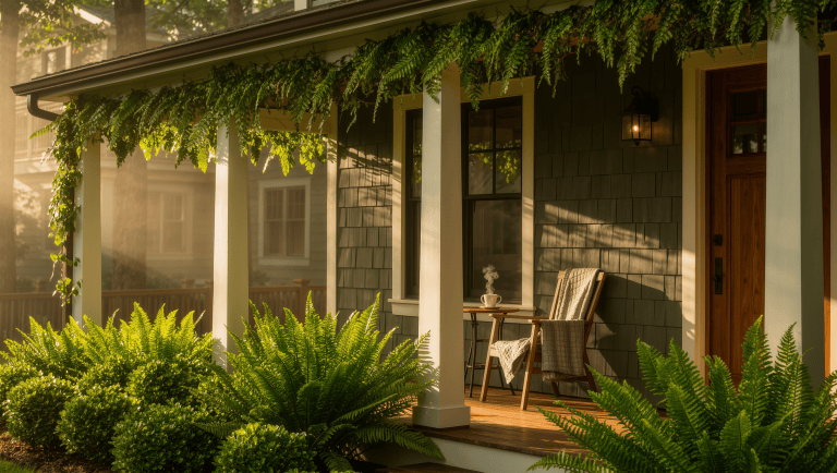 Craftsman covered porch in early morning light with hanging ferns, layered shrubs along the facade and a steaming mug on a small porch table.