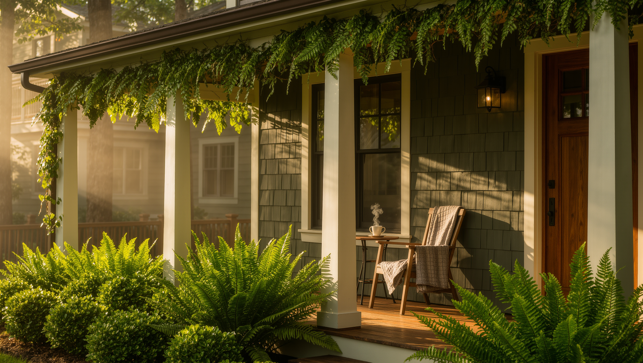 Craftsman covered porch in early morning light with hanging ferns, layered shrubs along the facade and a steaming mug on a small porch table.