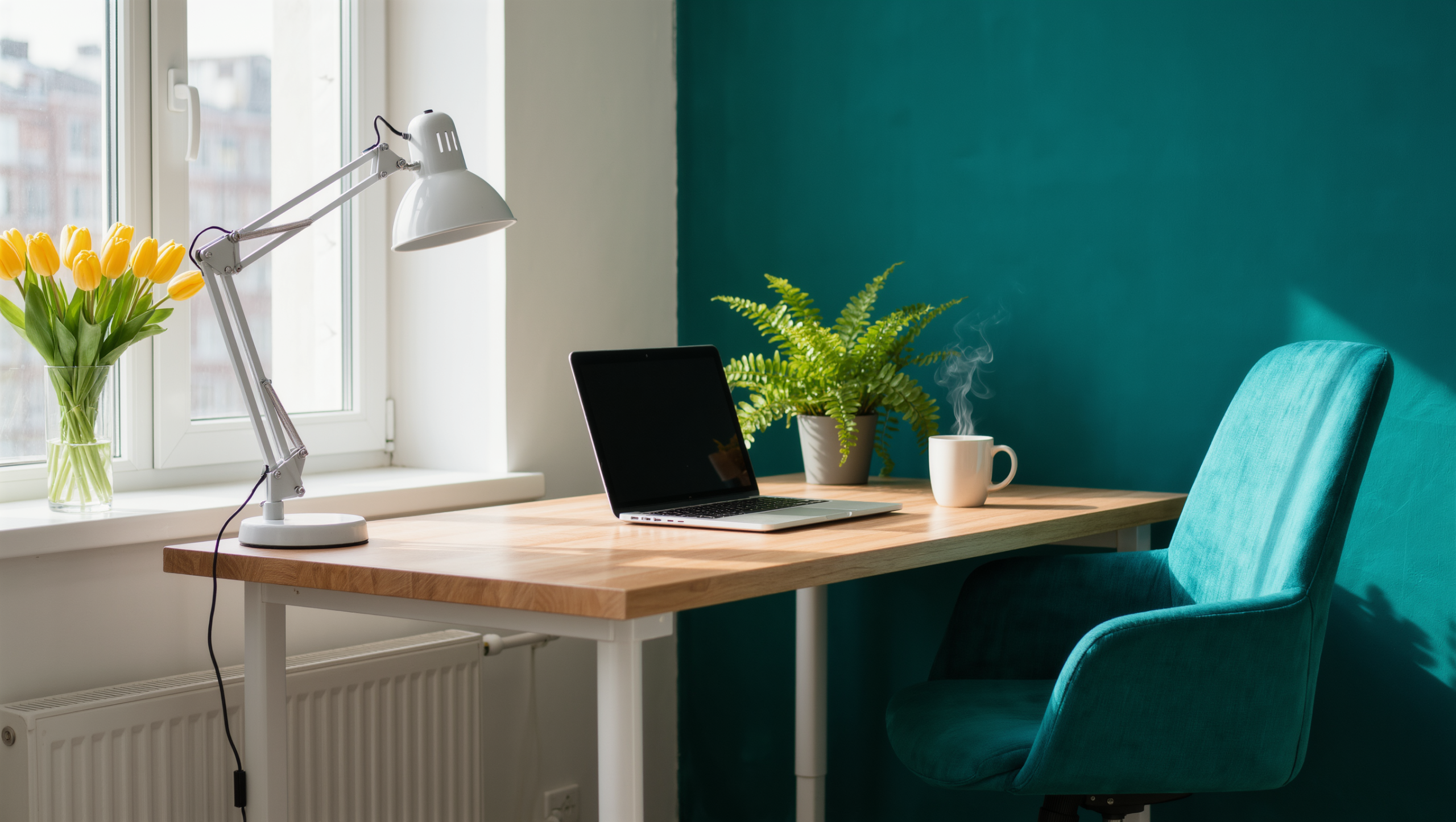A bright home office with a white oak desk set perpendicular to a large window beside a deep teal accent wall.