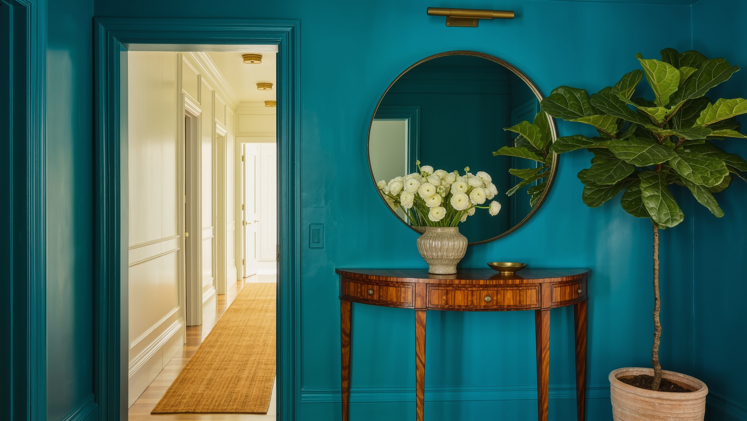 A hallway ending at a peacock-blue wall with a slender demilune table, round mirror, fresh flowers, and a tall potted plant.