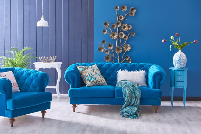 A tufted sapphire velvet sofa sits away from the wall in a richly patterned room, its high back forming a clear visual boundary against the space behind it.