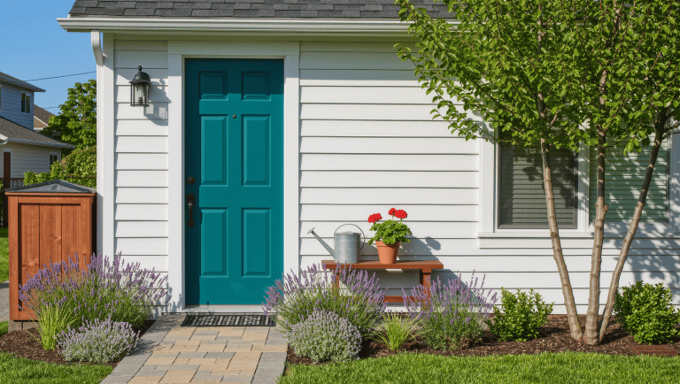 A small front yard with a clear paved path to a teal door, lavender and grasses, a slim bench, and a cedar bin enclosure in morning sun.