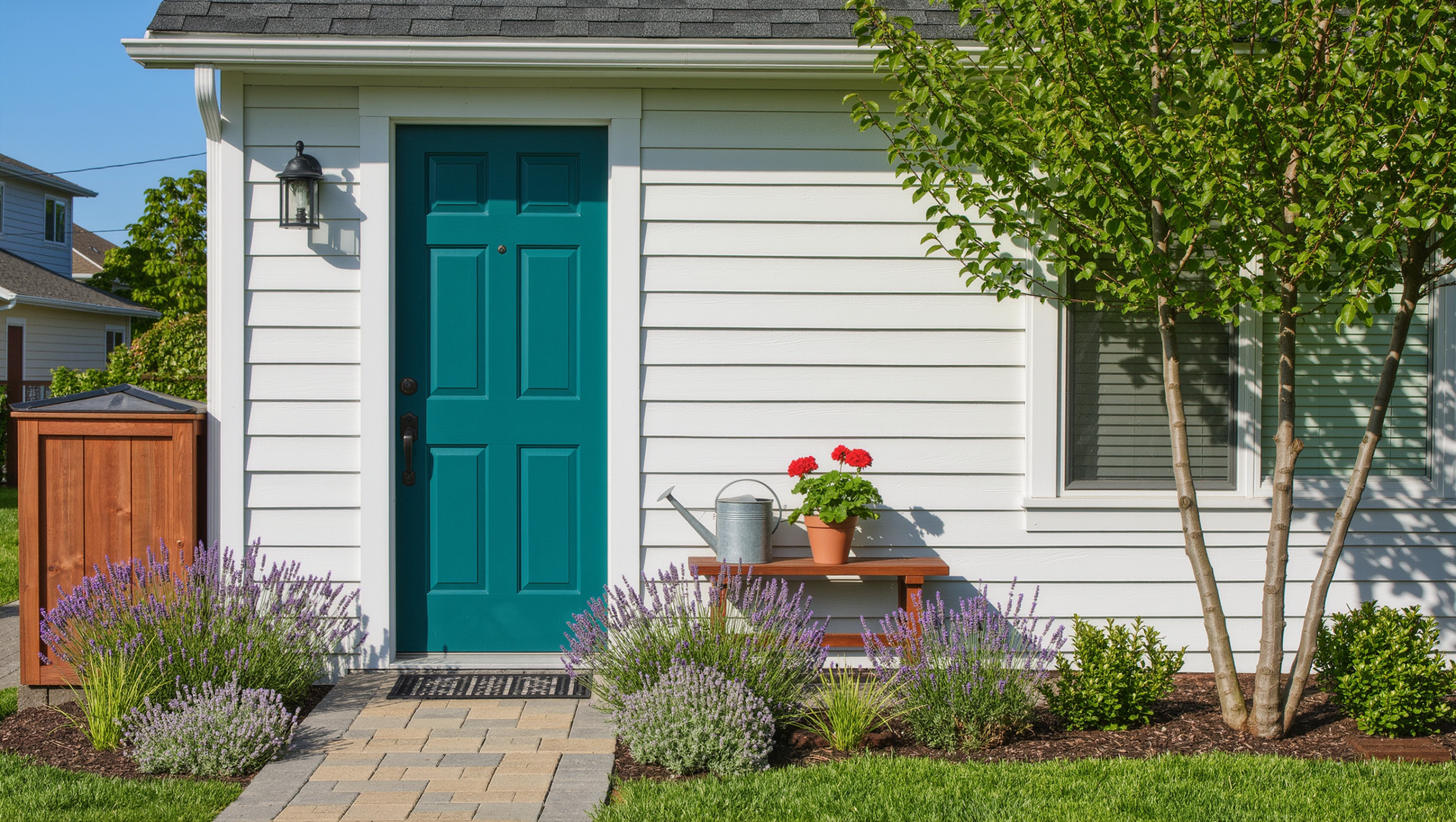 A small front yard with a clear paved path to a teal door, lavender and grasses, a slim bench, and a cedar bin enclosure in morning sun.