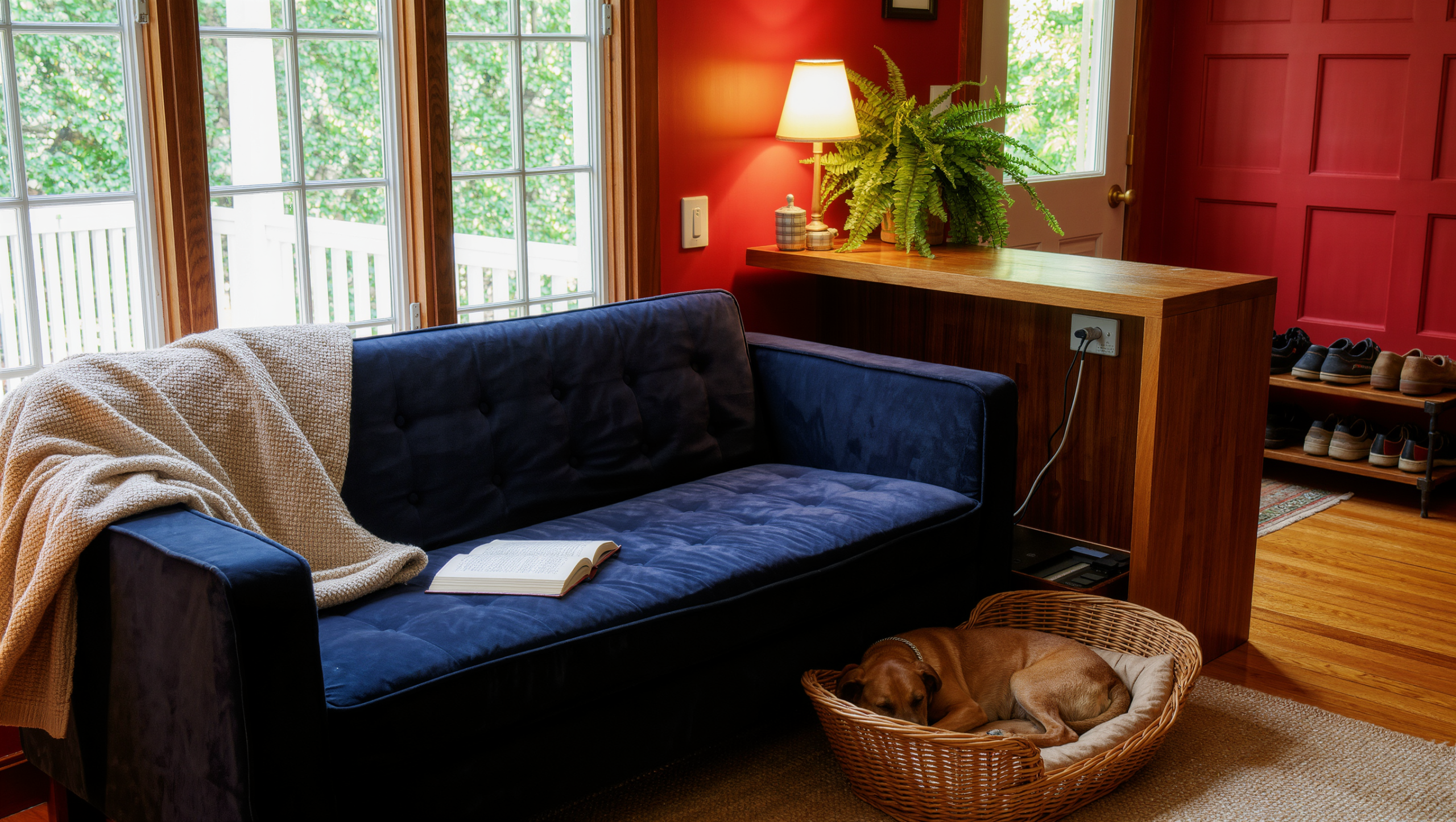 A lived-in living room with a navy sofa, thrown blanket, sleeping dog in a wicker bed, and shoes on a rack in warm afternoon daylight.