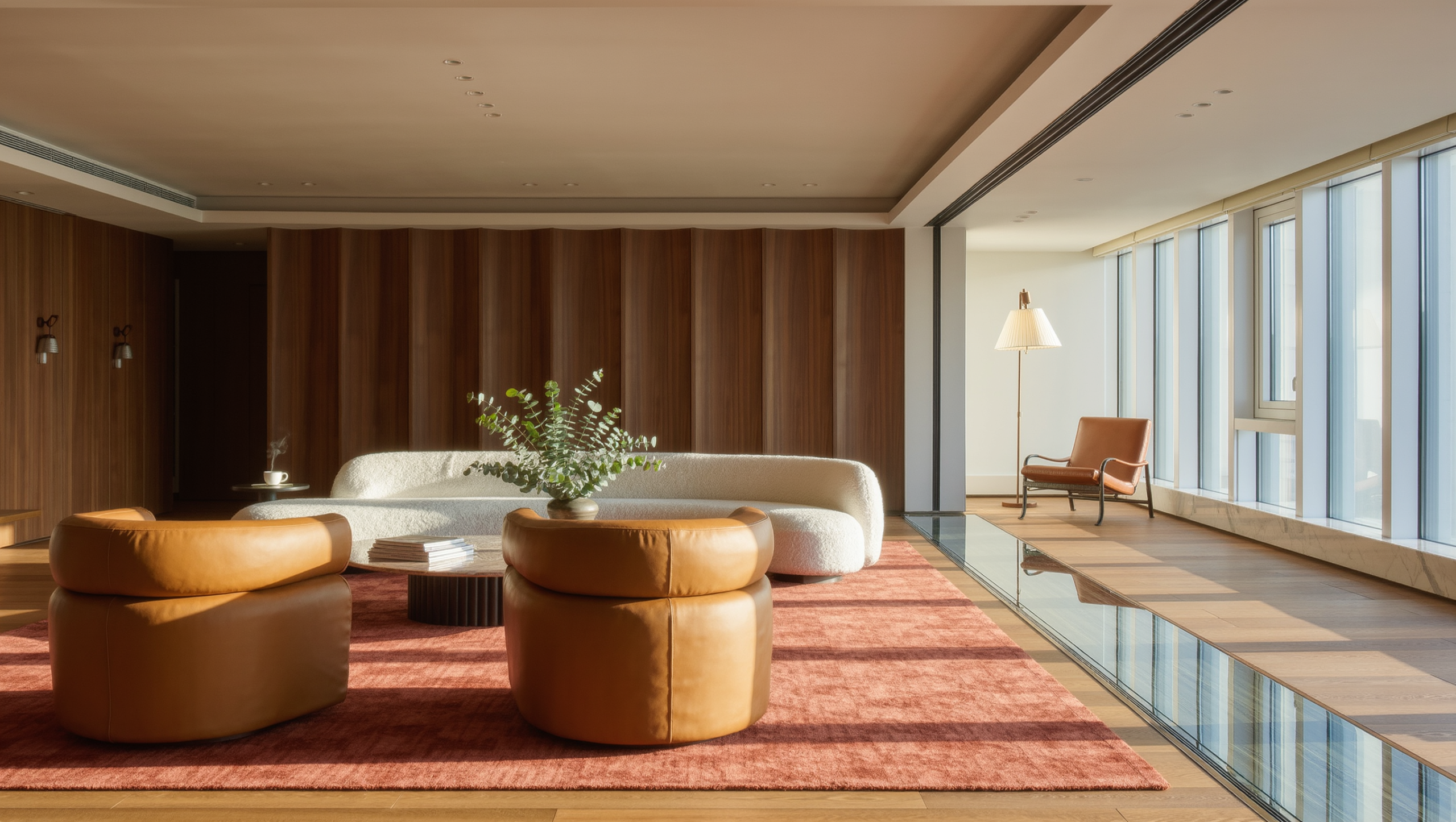 A large open room organized into a rug-anchored seating zone and a window reading corner with a clear walking path between.