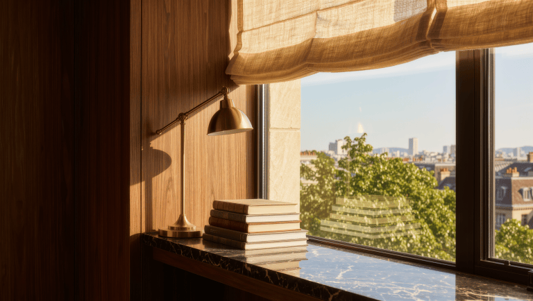 A deep window sill extended into a slim marble desk surface with a brass lamp, light filtered through a sheer linen shade.