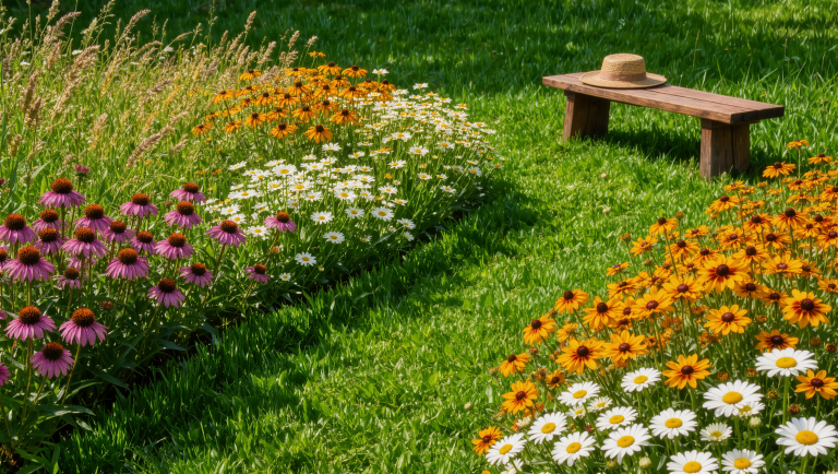 A wildflower meadow lawn of daisies, coreopsis, and coneflowers crossed by a crisply mown path leading to a wooden bench.