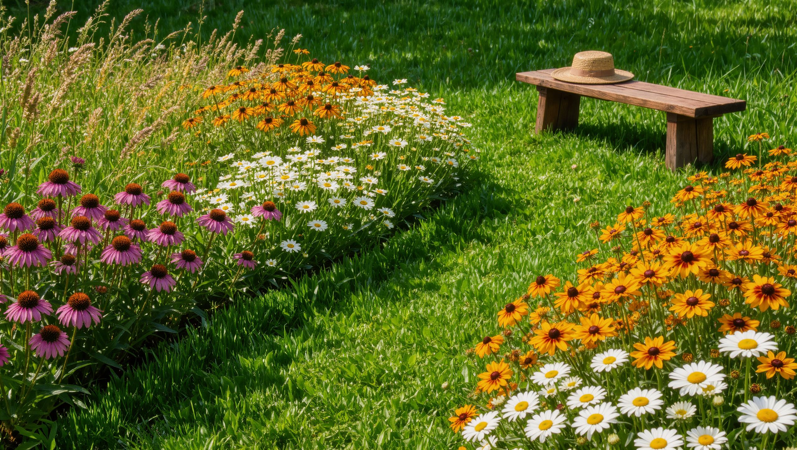 A wildflower meadow lawn of daisies, coreopsis, and coneflowers crossed by a crisply mown path leading to a wooden bench.