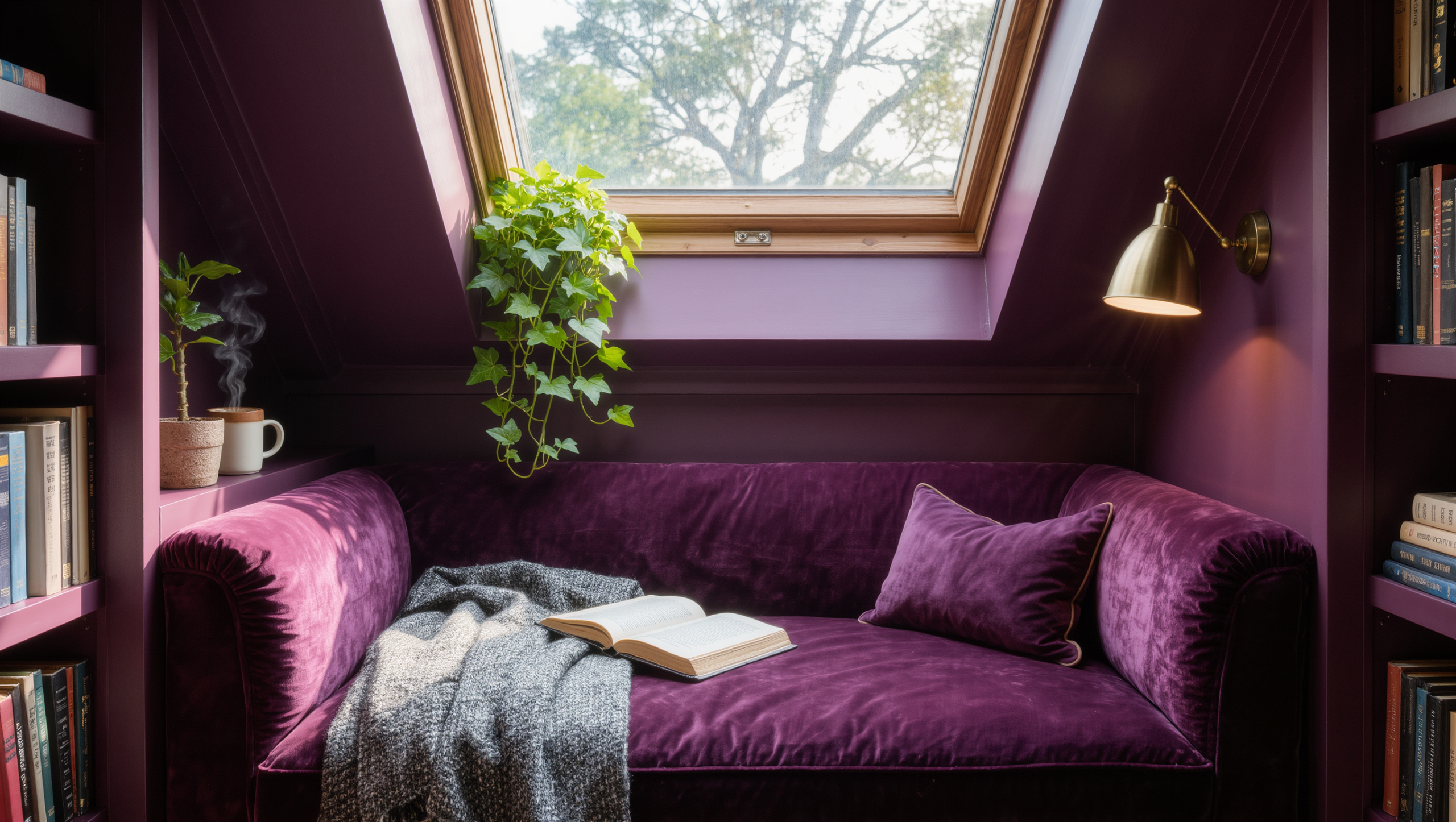 A dormer reading nook with a plum velvet bench, wraparound bookshelves, and a brass reading sconce in daylight.