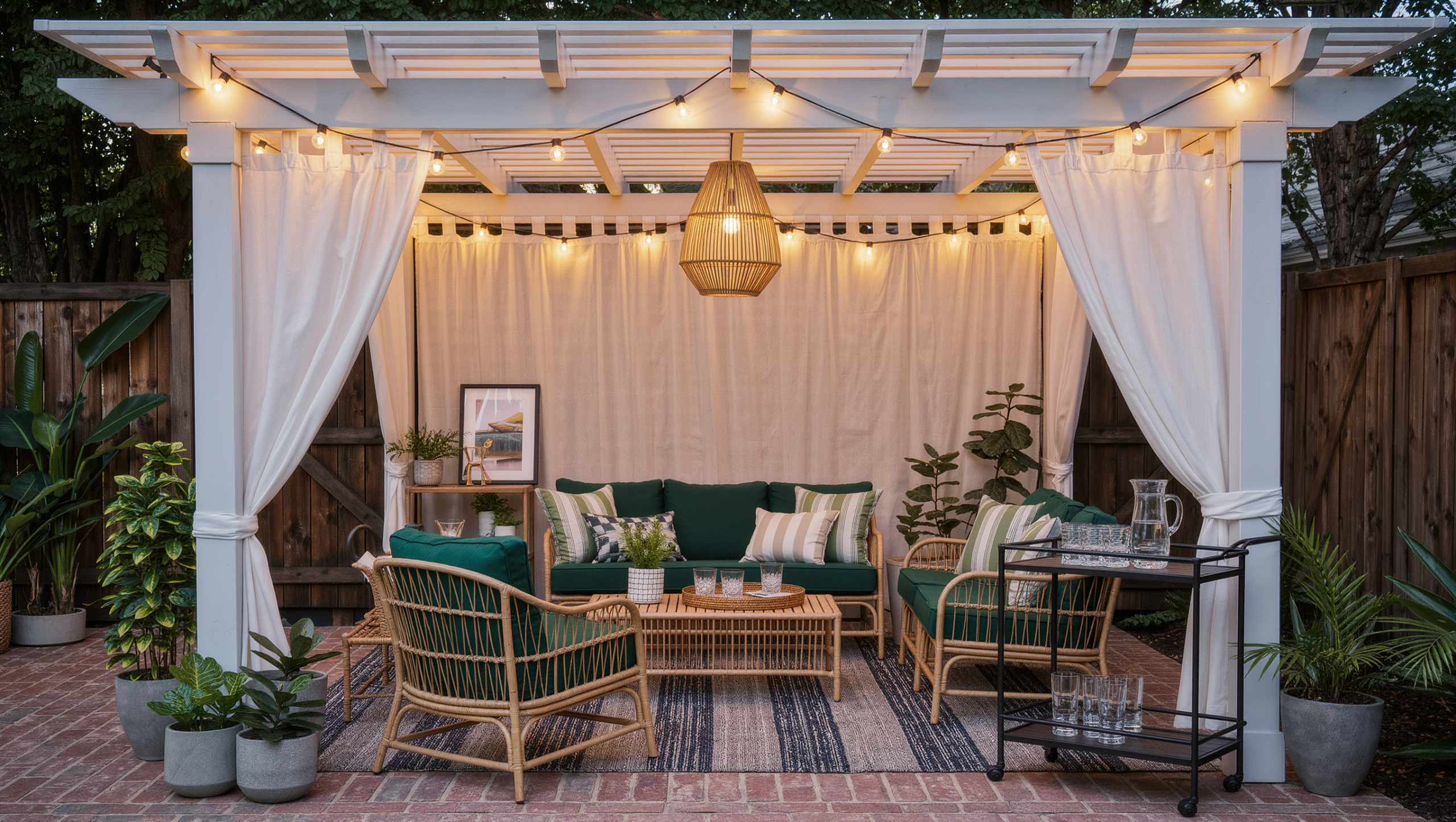 Backyard pergola with linen curtains, hanging lanterns, a layered rug, conversational seating and a self-serve drinks cart at its edge in early evening.