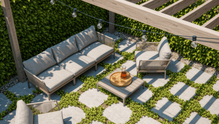 A level permeable-paver patio with thyme joints, a stable teak seating group, a low planted border, and bright midday sun under a pergola.