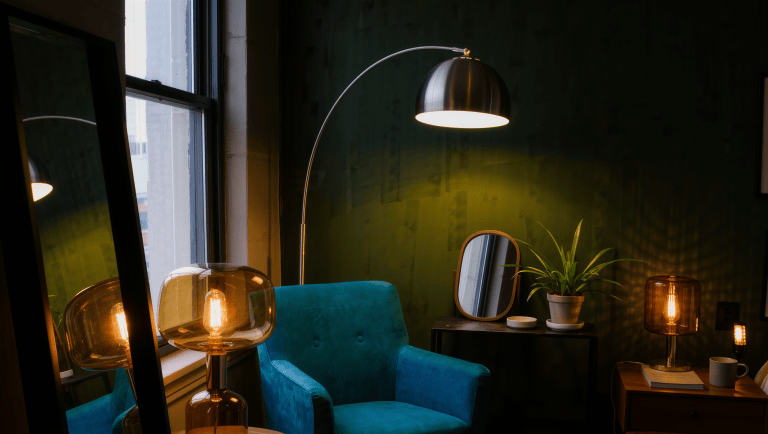 A once-dim room made vivid by window daylight bounced off a leaning mirror, an amber table lamp, an arched floor lamp, and a picture light over framed art.