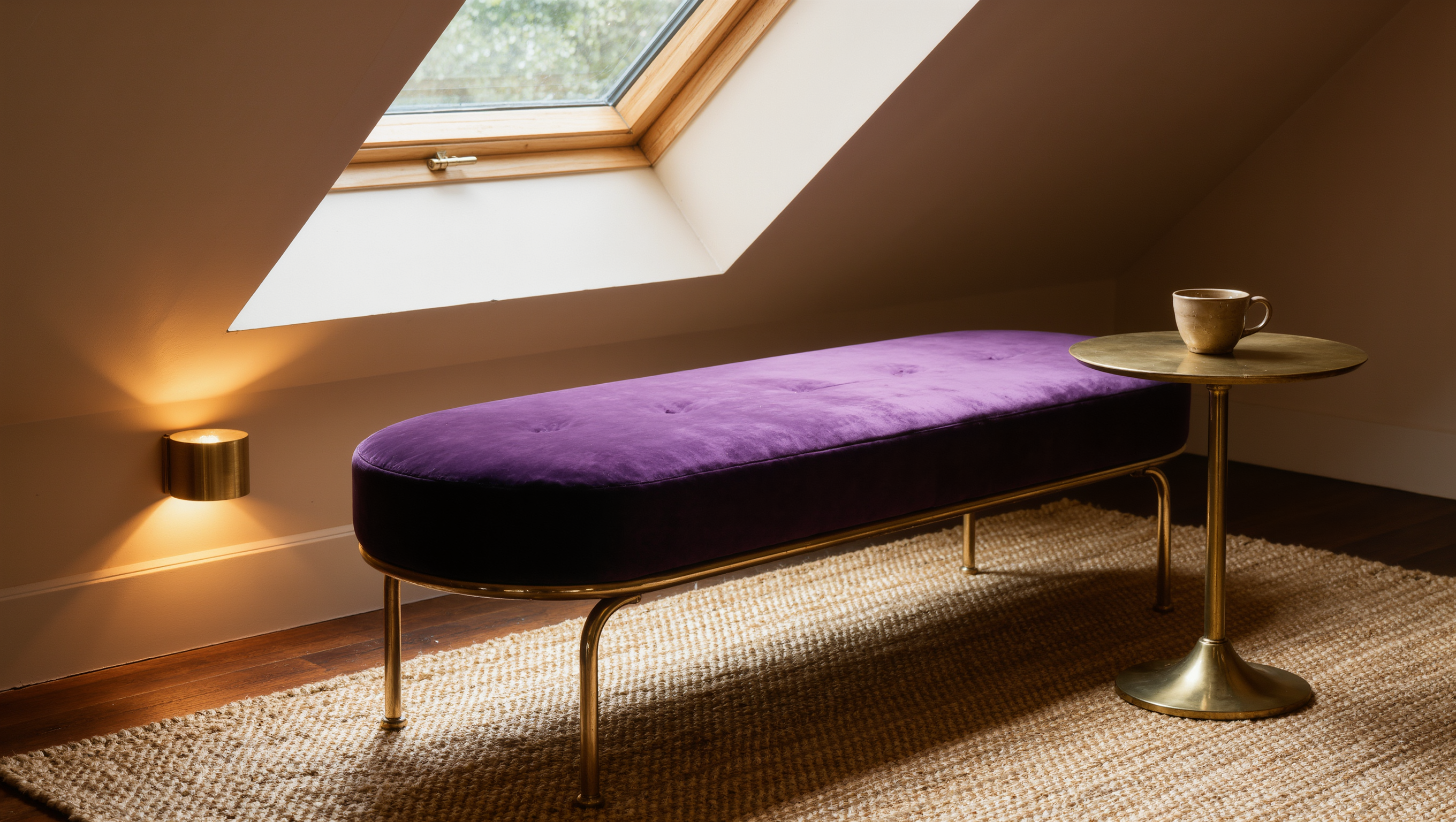 A low upholstered jewel-toned plum bench with brass legs positioned beneath a sloped attic ceiling, on a woven jute rug.