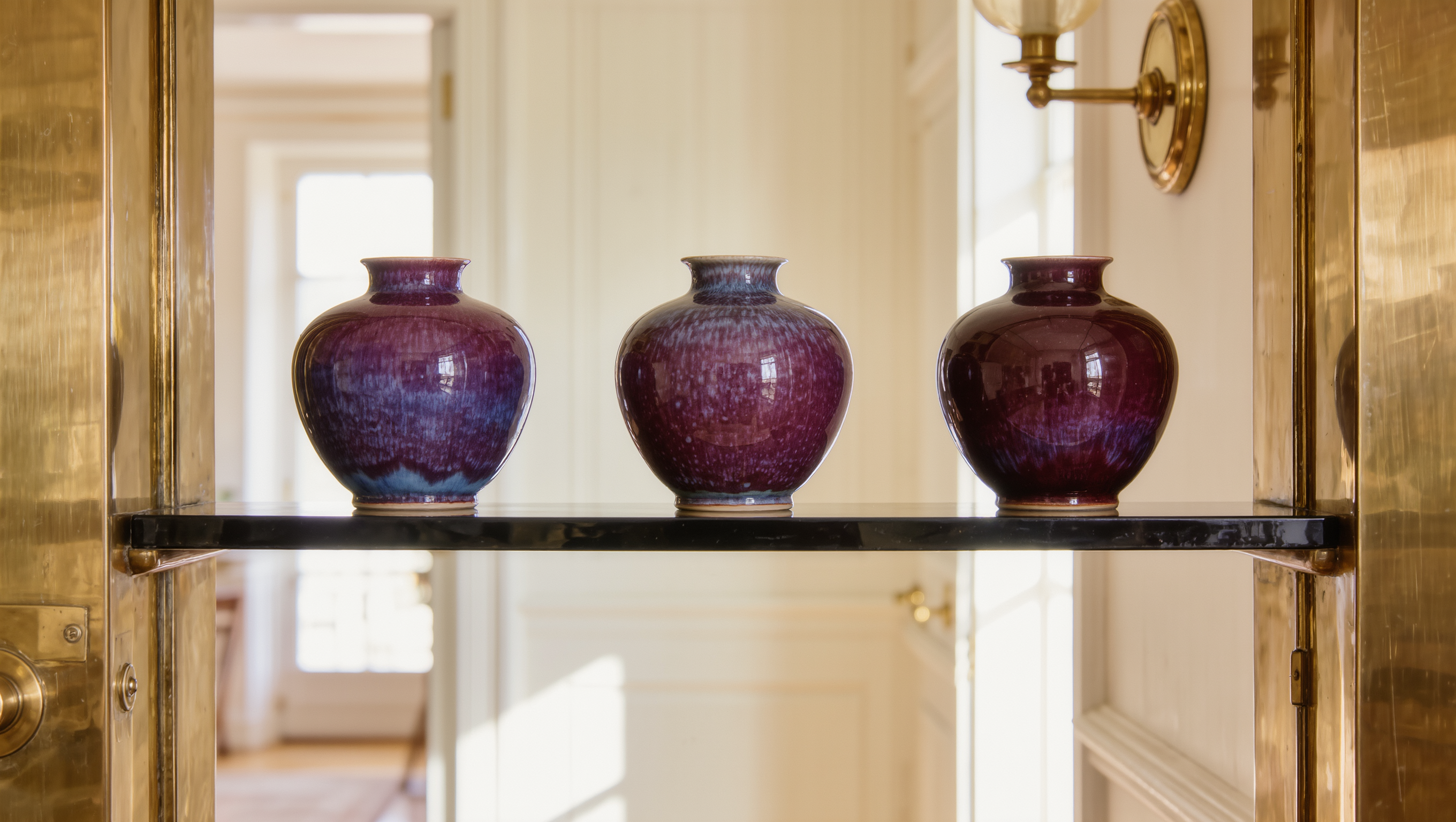 A shallow lacquered plum shelf mounted above a doorway, aligned with its brass trim line, holding three matched glazed ceramic vessels.