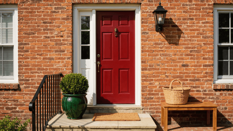A brick front stoop with an oxblood door, a boxwood in a glazed green planter, a woven doormat, and a small teak bench in morning sun.