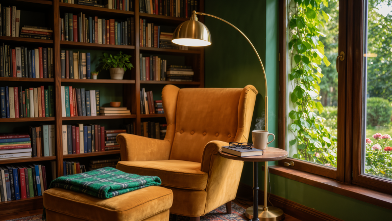 A complete reading corner with an ochre wingback, ottoman, side table, arched brass floor lamp, and bookcase by a garden window.