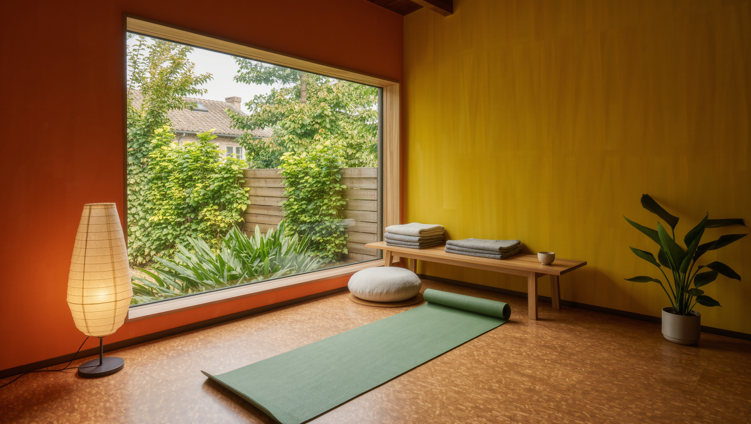 A wellness room with a sage yoga mat facing a garden window, a low wooden shelf with folded blankets, cork flooring, and soft morning light.