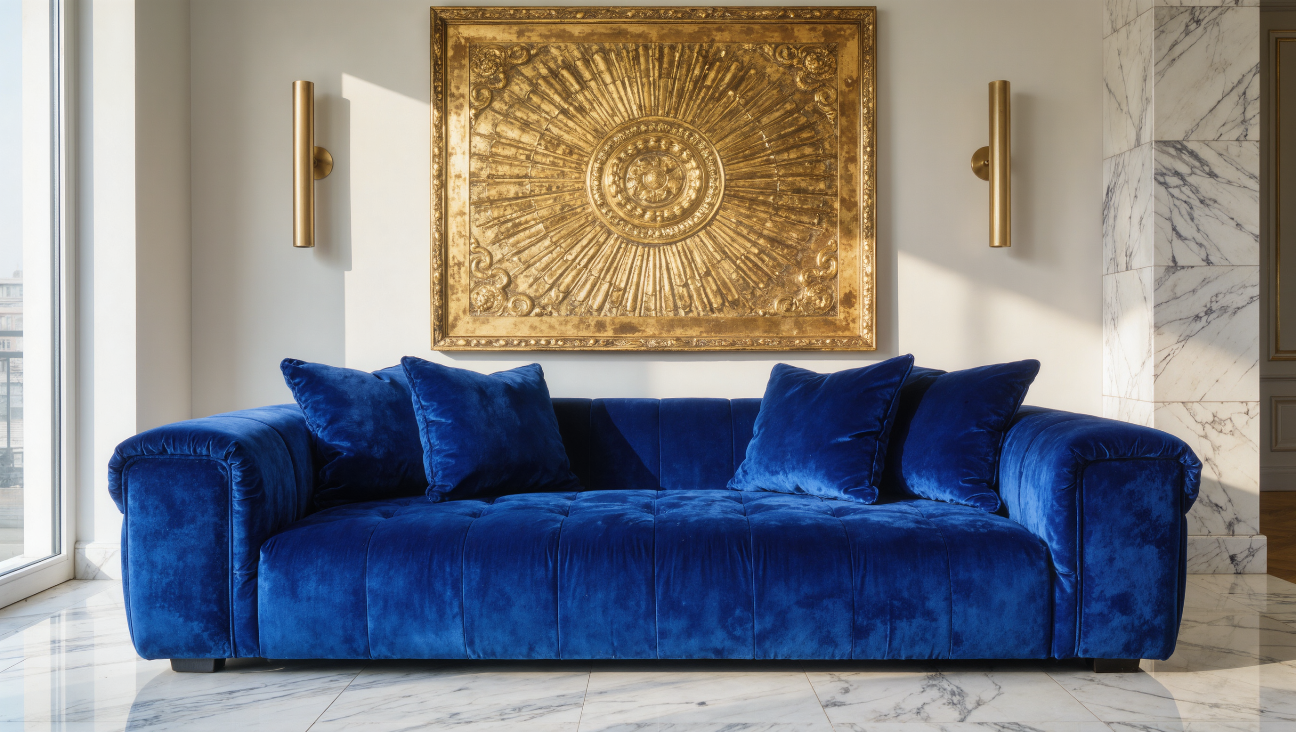 An oversized jewel-toned sapphire velvet sofa with generous open marble floor around it, beneath a large gilt-framed artwork.