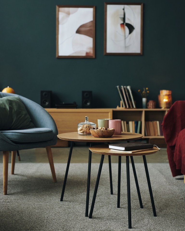 A dark emerald wall anchors a compact bookshelf and vinyl-record nook beside a burgundy accent chair and a wood-and-iron coffee table.