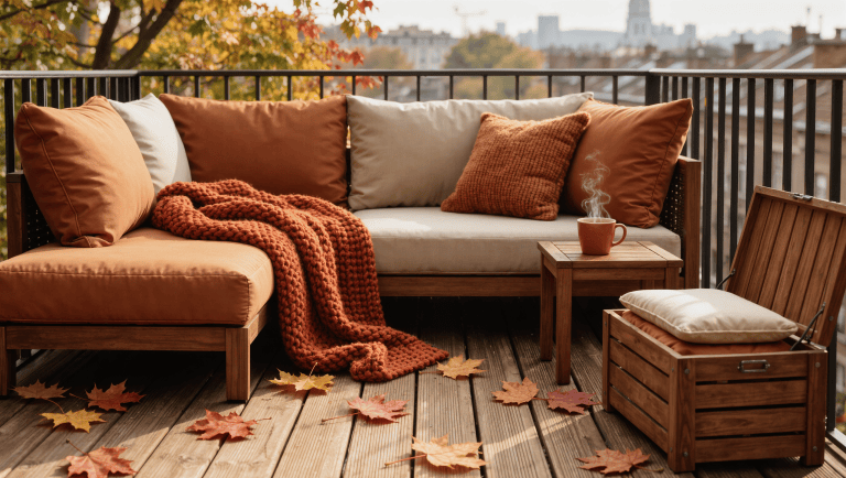 Autumn balcony sofa with weatherproof cushions, a knitted blanket, a steaming mug and a deck box holding folded spare cushions.