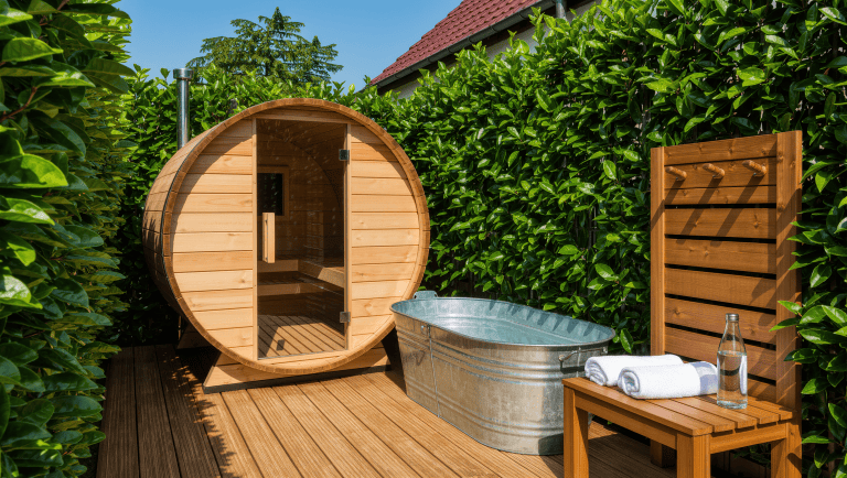 A morning-lit backyard spa corner with a cedar barrel sauna, a steel plunge tub on a slatted deck, and hornbeam hedging for privacy.