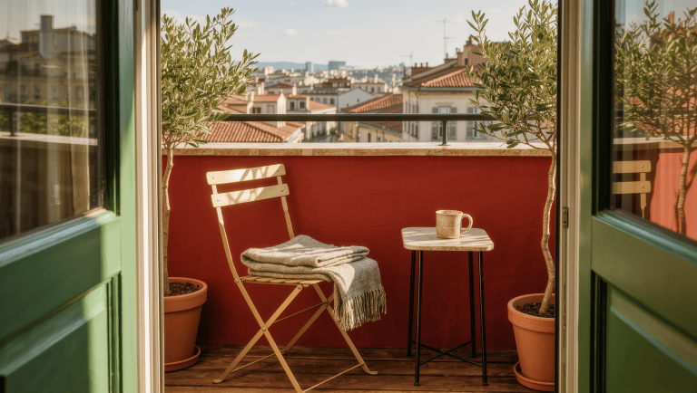 A brass bistro chair on a small balcony angles toward the open view beyond the railing, framed by potted olive trees.