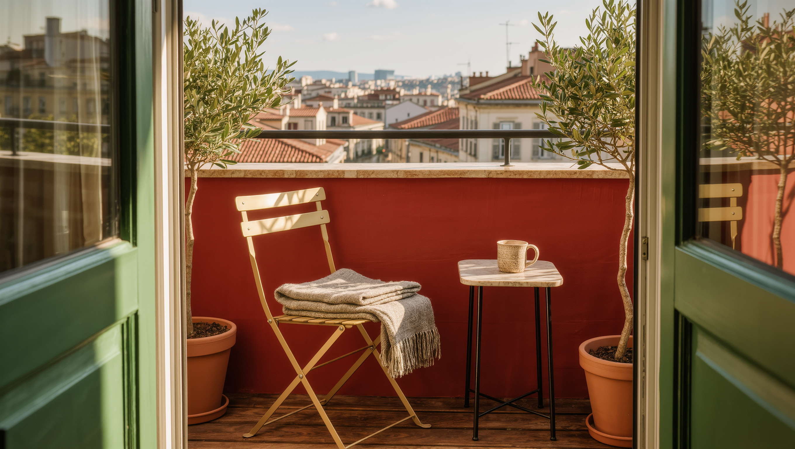 A brass bistro chair on a small balcony angles toward the open view beyond the railing, framed by potted olive trees.