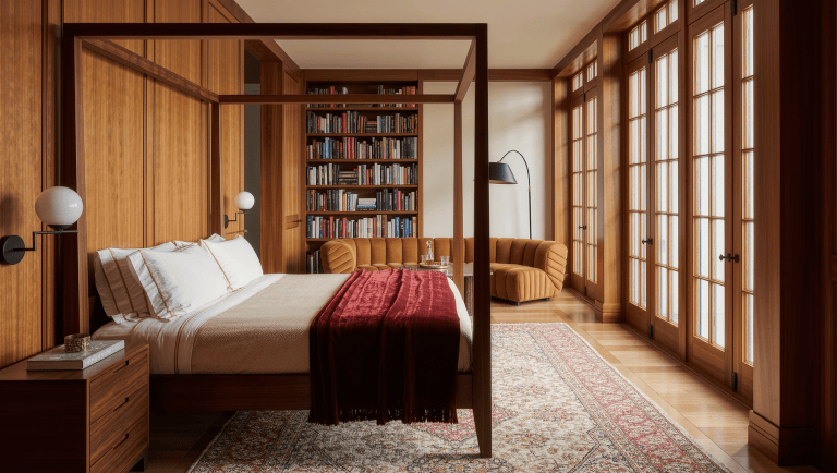Grand primary bedroom with a walnut four-poster bed and, on its own rug beyond, a caramel boucle sofa, arc lamp, and drinks table forming a lounge.