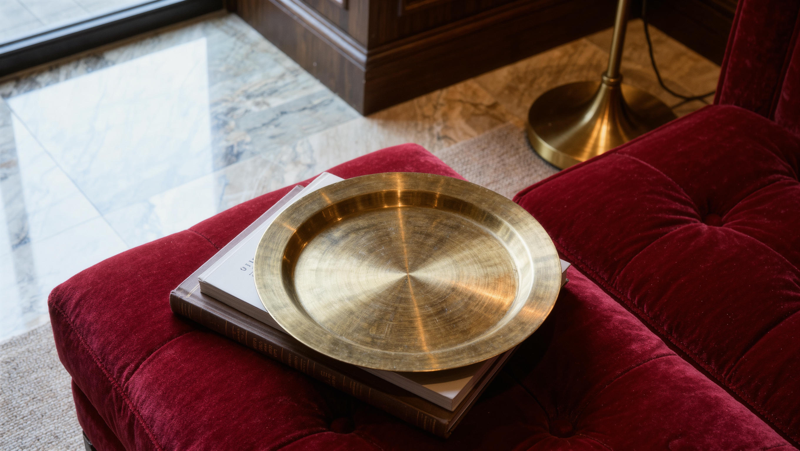 A bronze tray and stack of books left at the edge of a velvet sofa cushion where a coffee table used to sit, marble floor visible in the newly open space.