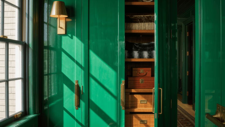 A tall lacquered emerald cabinet with brass hardware sits set back from a clear hallway path, its door open to reveal folded linens.