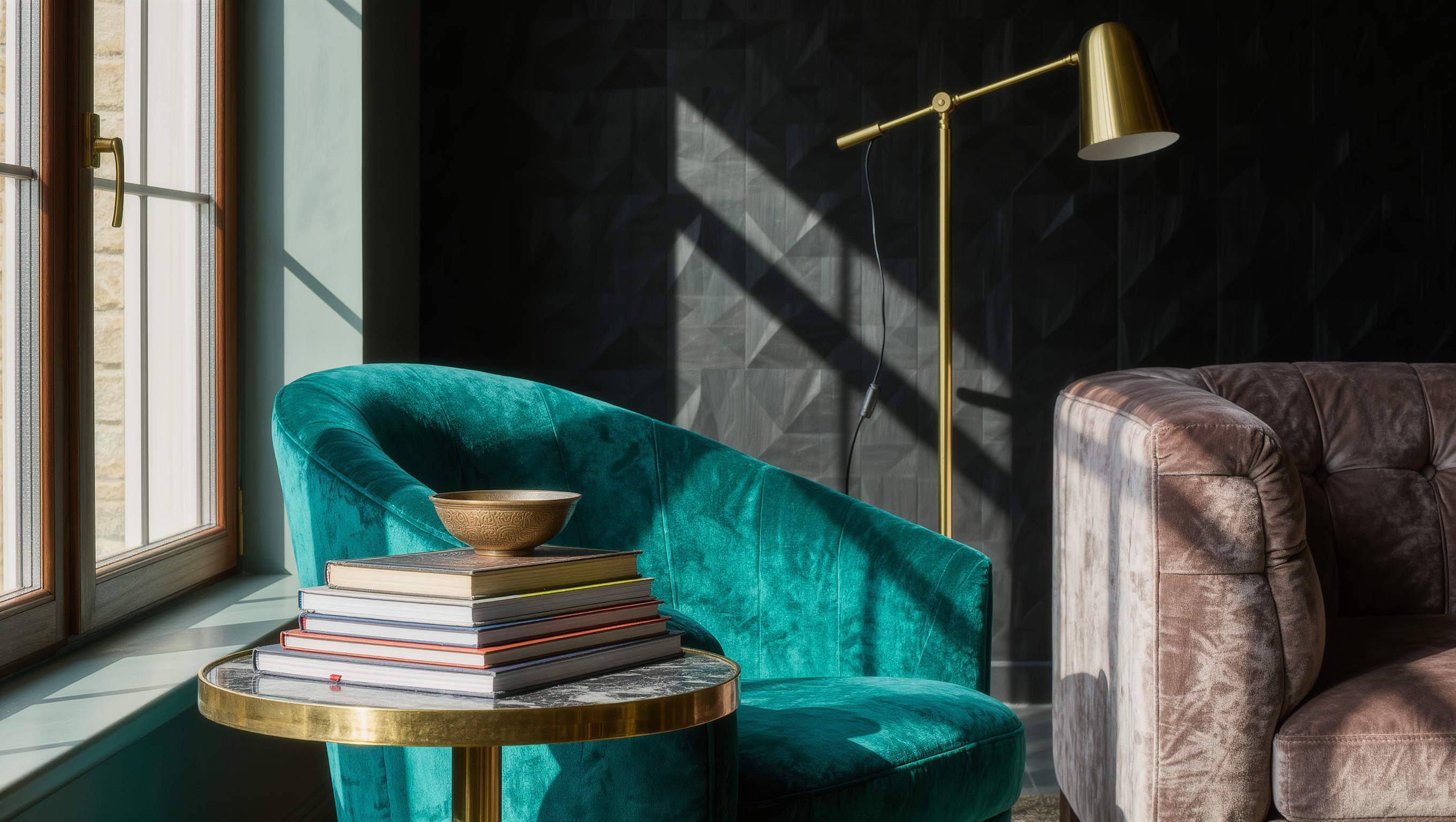 A round brass and marble coffee table sits within easy arm's reach of an armchair and a nearby sofa.