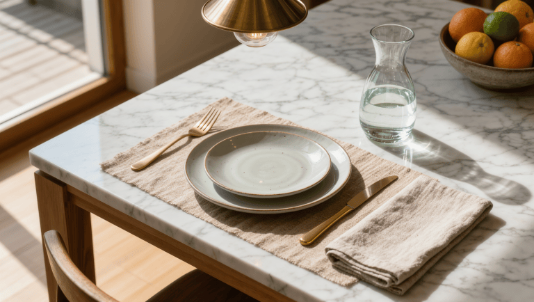 One corner of a marble-topped dining table is set simply for an everyday meal beneath a statement brass pendant.