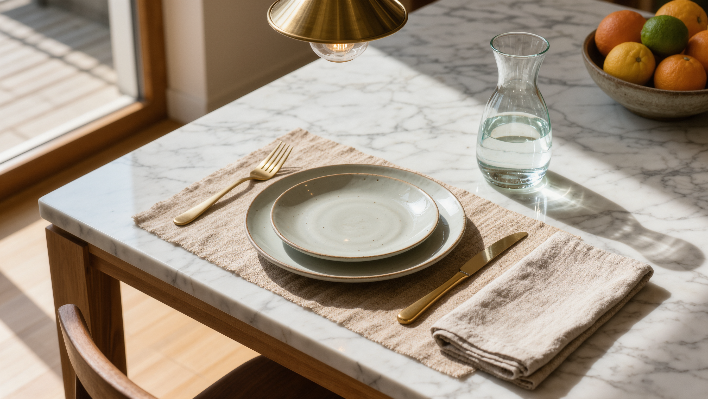 One corner of a marble-topped dining table is set simply for an everyday meal beneath a statement brass pendant.