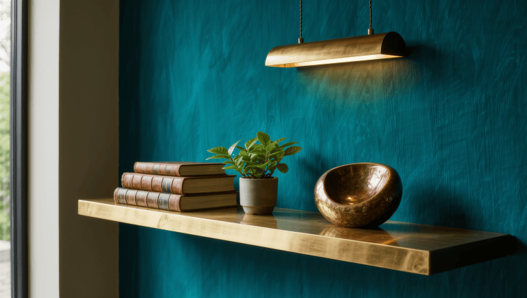 A floating brass-edged shelf holding a short stack of books, a bronze object and a plant, with generous empty space around them.
