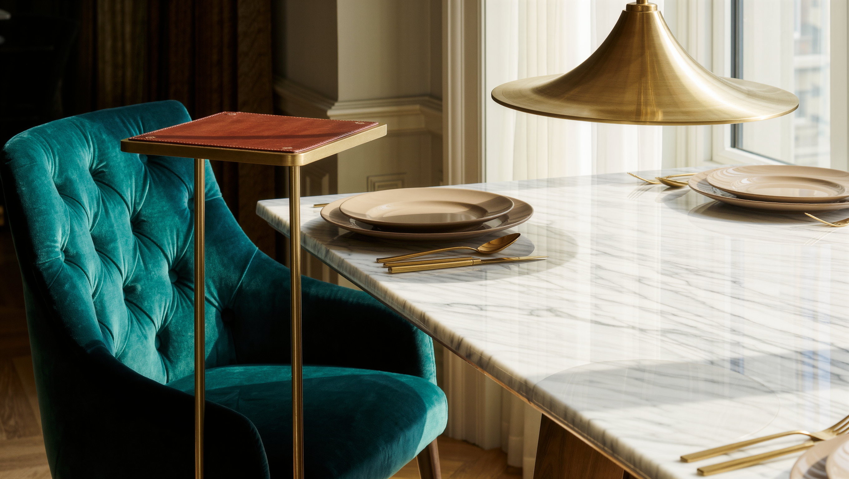 A tufted velvet dining chair and a slim brass-and-leather stool sit together at a marble table, an intentional mix of seating.