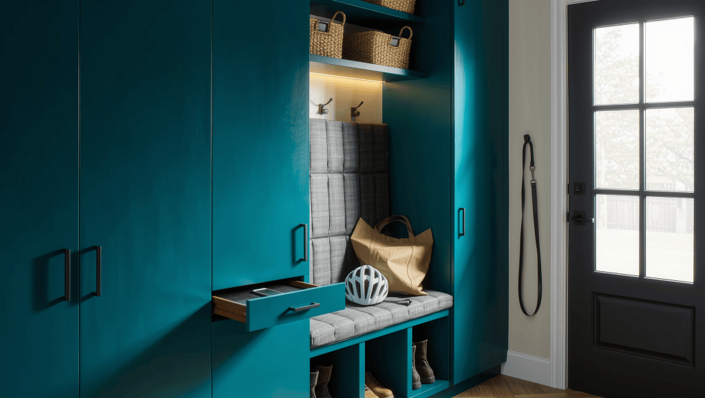 A morning-lit entry with deep teal built-in cabinetry, a cushioned bench niche, shoe cubbies, baskets, a charging drawer, and a dog leash hook.